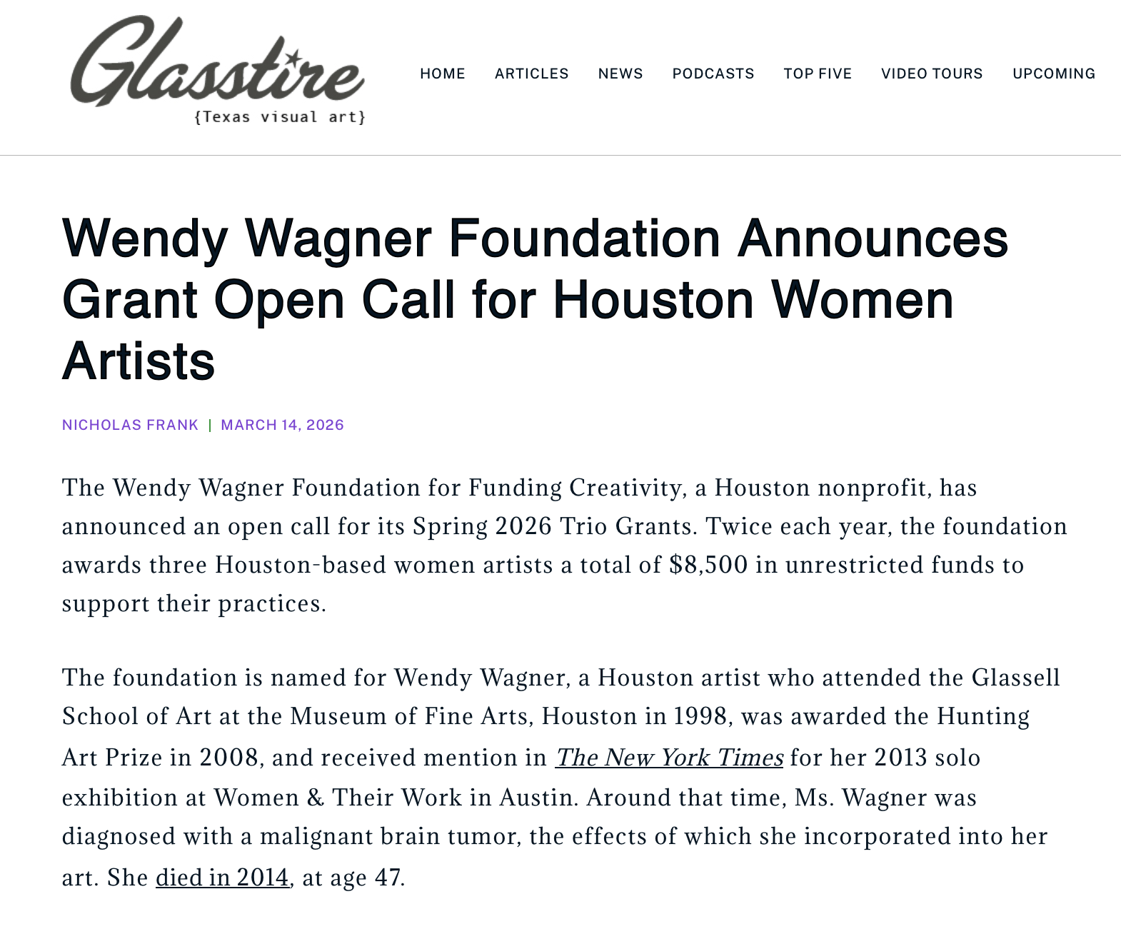 Glasstire article featuring the Wendy Wagner Foundation Spring Trio Grants for Houston women artists
